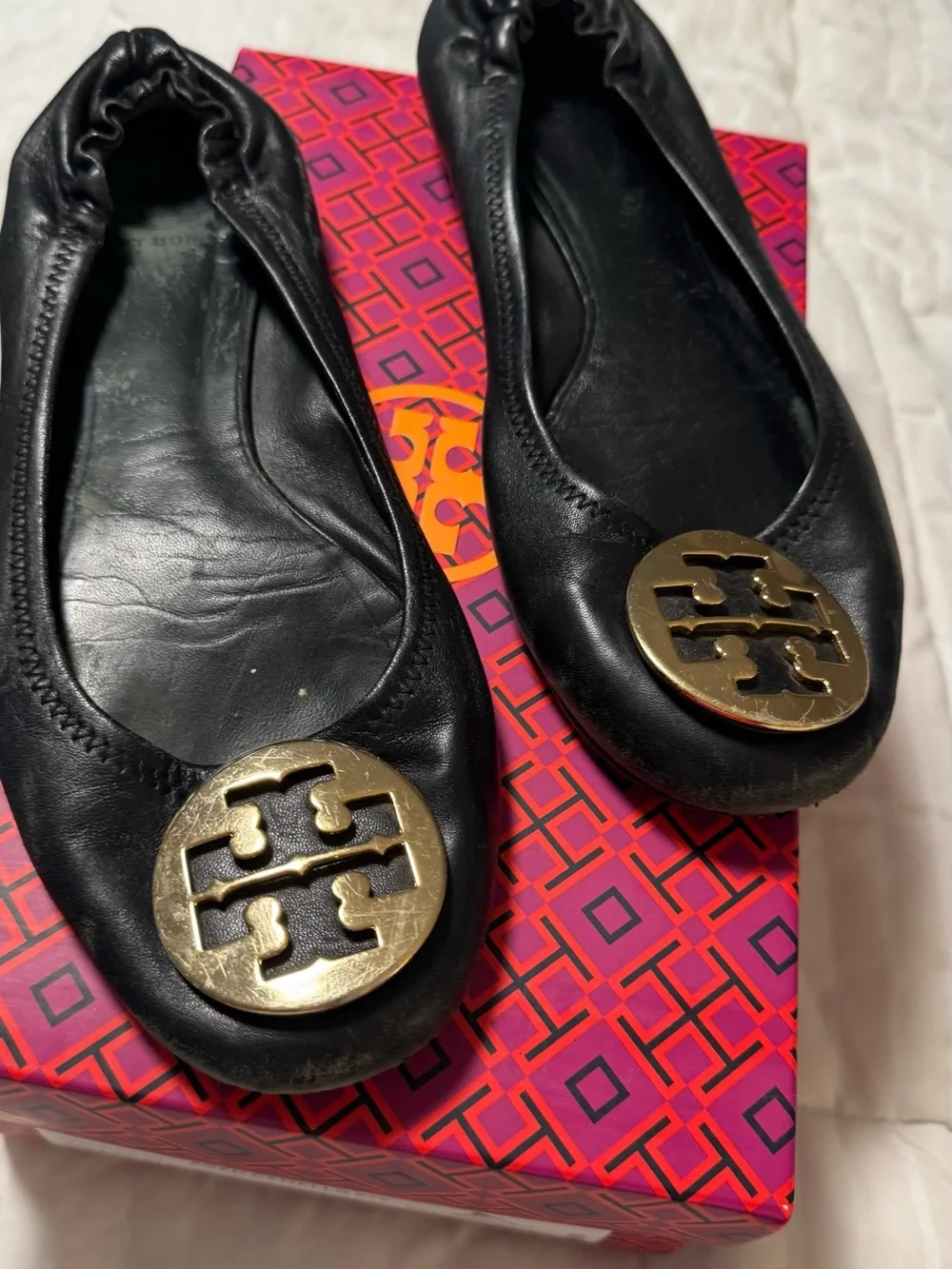 Tory Burch Black Leather Ballet Flats with Gold Logo Medallion